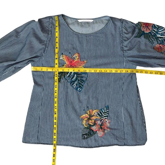 Zara Blue White Striped Embroidered Top Ruffle Sleeve Sequin Detail Medium - Picture 9 of 10